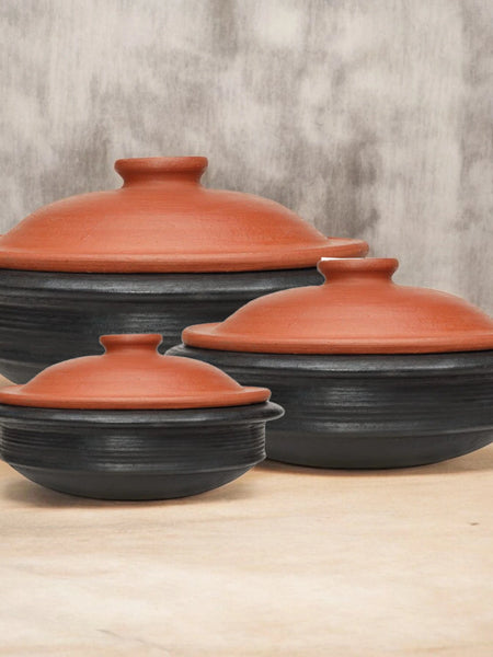 Ecocraft Black Clay Pot Set with Lid (1,2,3 litres)