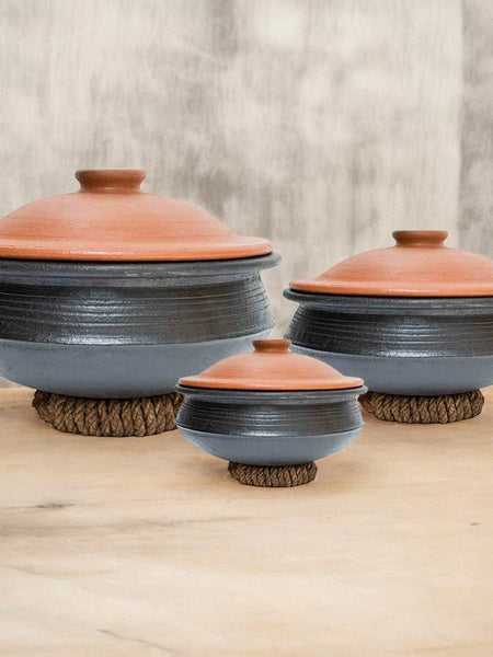 Ecocraft Biryani Black Clay Pot Combo with Lids – 1L, 2L & 3L (Set of 3)