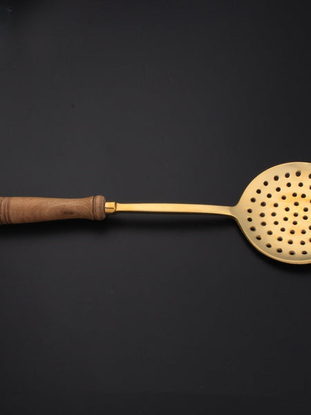 Ecocraft Brass Cooking Ladle with Wooden Handle | Antique Frying & Serving Spoon