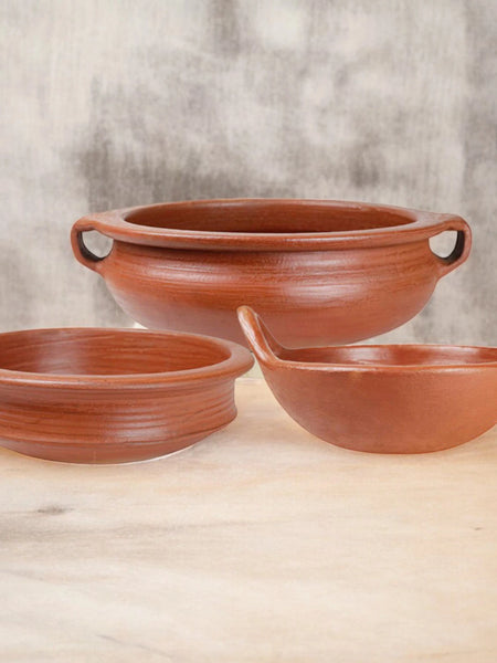 Ecocraft Red Clay Cookware Essentials Set – Pot, Kadai & Chatti (Set of 3)