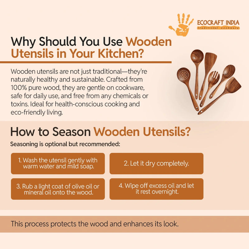 Ecocraft India 100% Natural Neem Wood Cooking & Serving Spoon Set – 7-Piece Spatula/Ladle Combo | Toxin-Free & Anti-Microbial