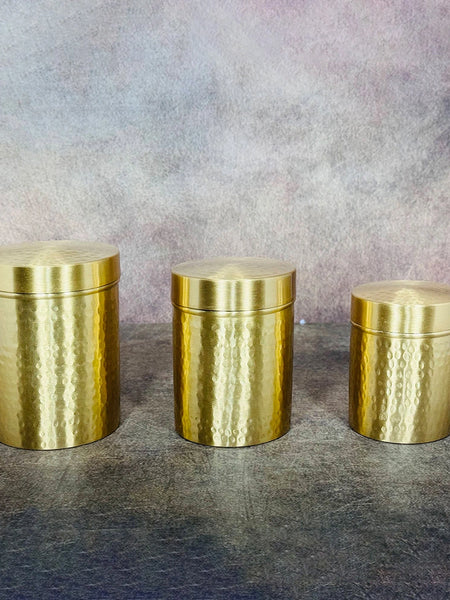 Handcrafted Brass Hammered Kitchen Storage Box Set of 3 | Brass Dabba for Flour, Spices, Pulses | Multipurpose Brass Container for Kitchen Storage