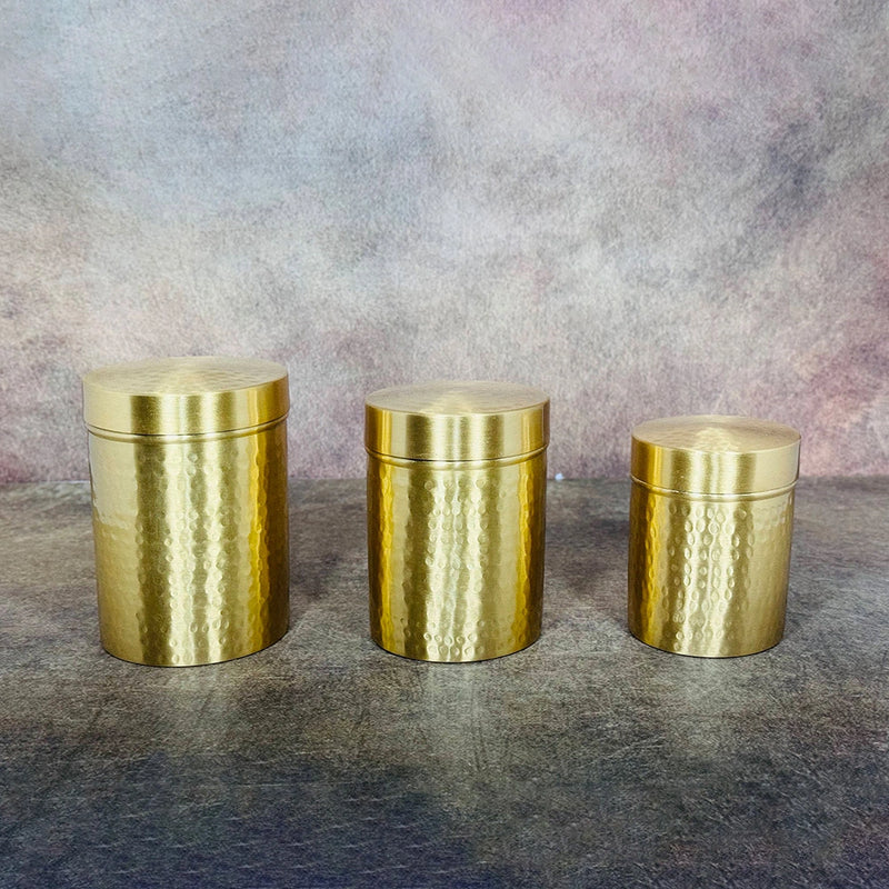 Handcrafted Brass Hammered Kitchen Storage Box Set of 3 | Brass Dabba for Flour, Spices, Pulses | Multipurpose Brass Container for Kitchen Storage