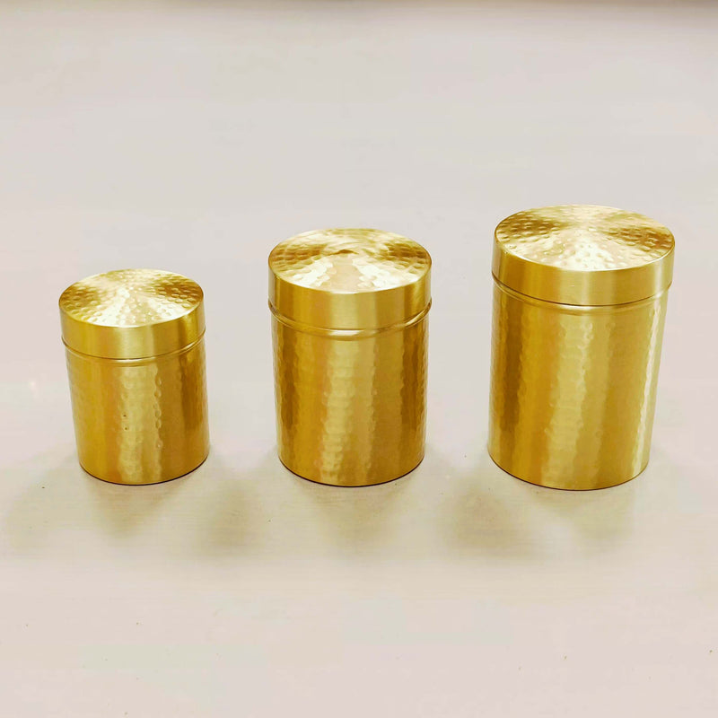 Handcrafted Brass Hammered Kitchen Storage Box Set of 3 | Brass Dabba for Flour, Spices, Pulses | Multipurpose Brass Container for Kitchen Storage