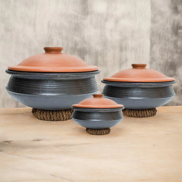 Ecocraft Biryani Black Clay Pot Combo with Lids – 1L, 2L & 3L (Set of 3)