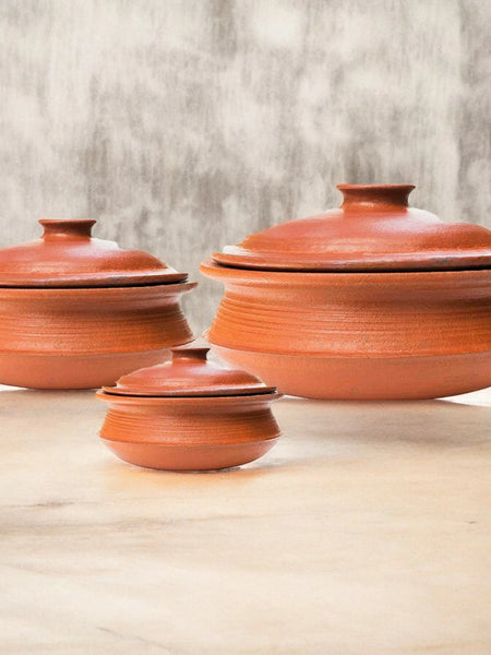 Ecocraft Biryani Red Clay Pot Combo with Lids – 1L, 2L & 3L (Set of 3)