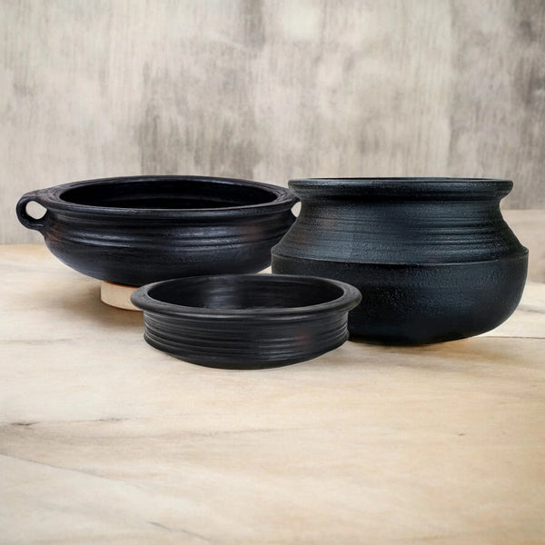 Ecocraft Black Clay Handi, Pot & Kadai – Set of 3
