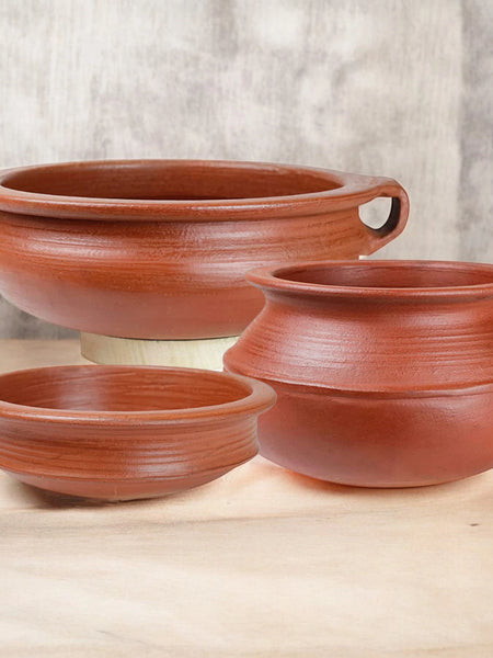 Ecocraft Traditional Red Clay Handi, Pot & Kadai – Set of 3