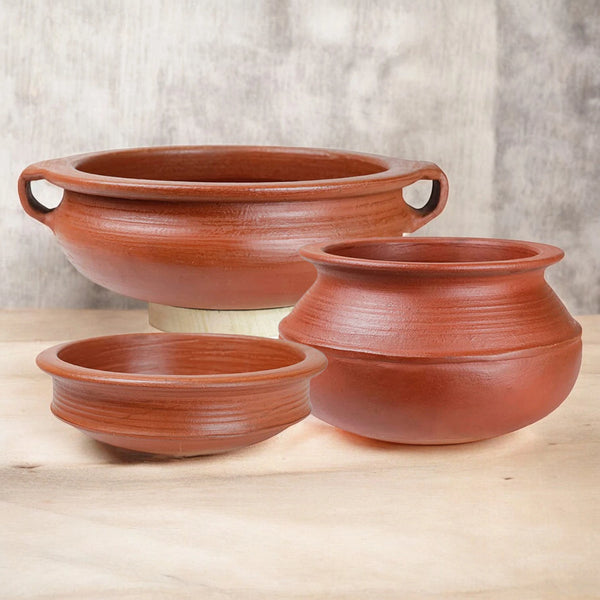Ecocraft Traditional Red Clay Handi, Pot & Kadai – Set of 3