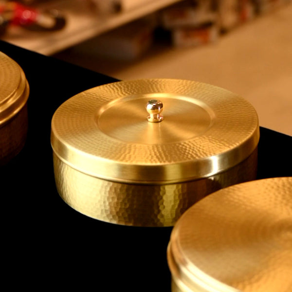Ecocraft Brass Hammered Masala Daani – Spice Box with 7 Containers & Spoon