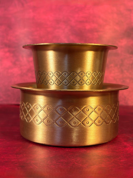 Premium Brass Square Kolam Etched Matte Finish Coffee Dabara Set – Traditional South Indian Filter Coffee & Tea Serving Set (165 ml)