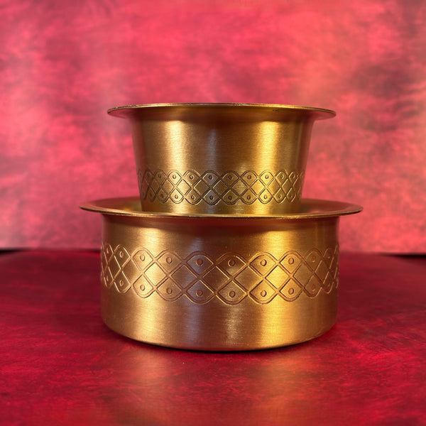 Premium Brass Square Kolam Etched Matte Finish Coffee Dabara Set – Traditional South Indian Filter Coffee & Tea Serving Set (165 ml)