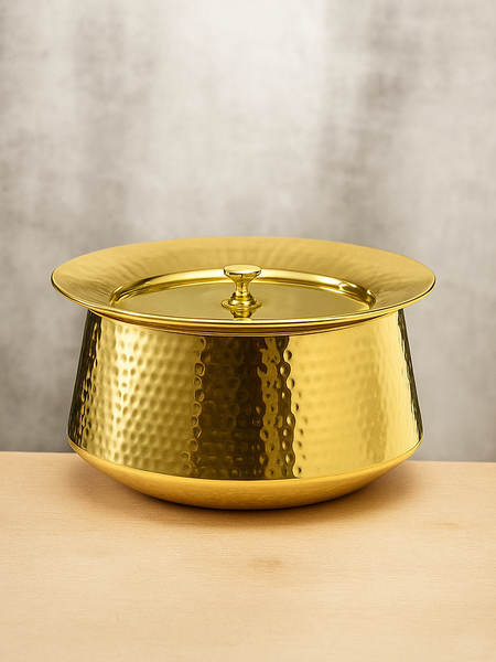 Ecocraft Handcrafted Brass Biryani Handi with Lid | Hammered Finish Curved Patila