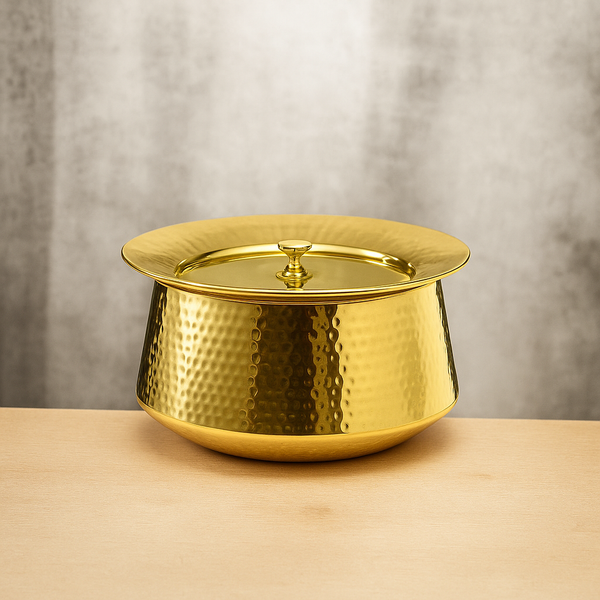 Ecocraft Handcrafted Brass Biryani Handi with Lid | Hammered Finish Curved Patila