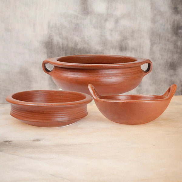 Ecocraft Red Clay Cookware Essentials Set – Pot, Kadai & Chatti (Set of 3)