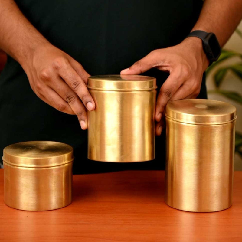 Handcrafted Combo Set of 3 Brass Kitchen Storage Boxes | Brass Dabba for Flour, Spices & Pulses | Traditional Brass Containers