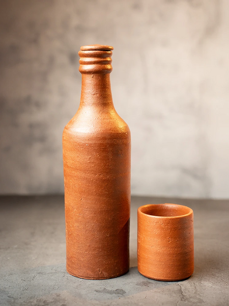Ecocraft Clay Water Bottle with Glass – Handmade Cooling Set (1L + 200ml)