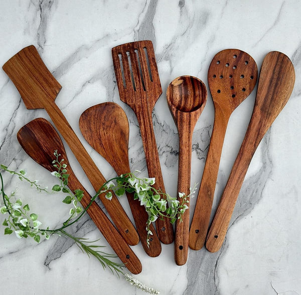 Ecocraft Sheesham Wood Spatula Set of 7 | Traditional Wooden Cooking Spoon