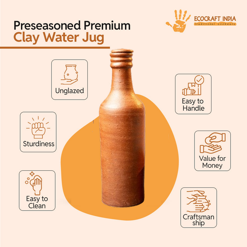 Ecocraft Clay Water Bottle – Handmade Natural Cooling (1 Liter)