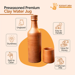 Ecocraft Clay Water Bottle with Glass – Handmade Cooling Set (1L + 200ml)