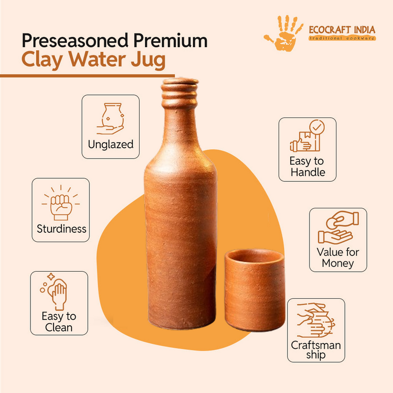 Ecocraft Clay Water Bottle with Glass – Handmade Cooling Set (1L + 200ml)