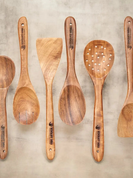Ecocraft India 100% Natural Neem Wood Spoon & Spatula Set – 6-Piece Cooking & Serving Ladles  Toxin-Free, Anti-Microbial, Eco-Friendly Kitchen Tools