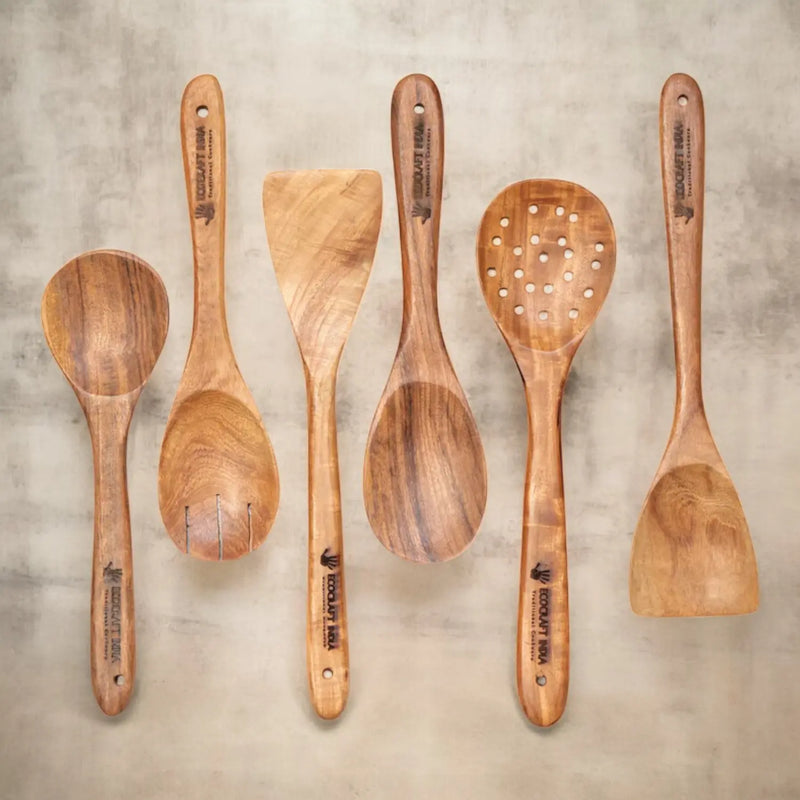 Ecocraft India 100% Natural Neem Wood Spoon & Spatula Set – 6-Piece Cooking & Serving Ladles  Toxin-Free, Anti-Microbial, Eco-Friendly Kitchen Tools