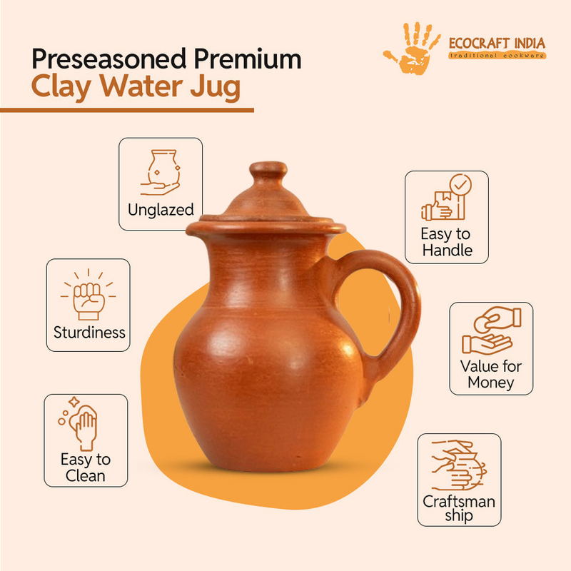 Ecocraft Red Clay Water Jug / Earthen Water Pot with Handle - 2.5 Litre
