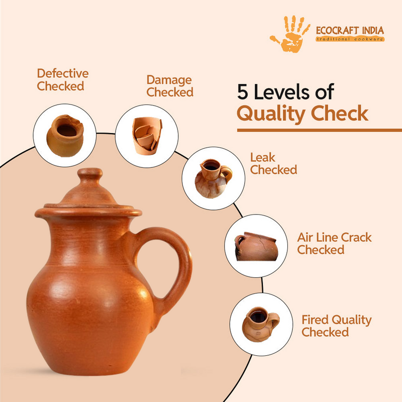 Ecocraft Red Clay Water Jug / Earthen Water Pot with Handle - 2.5 Litre