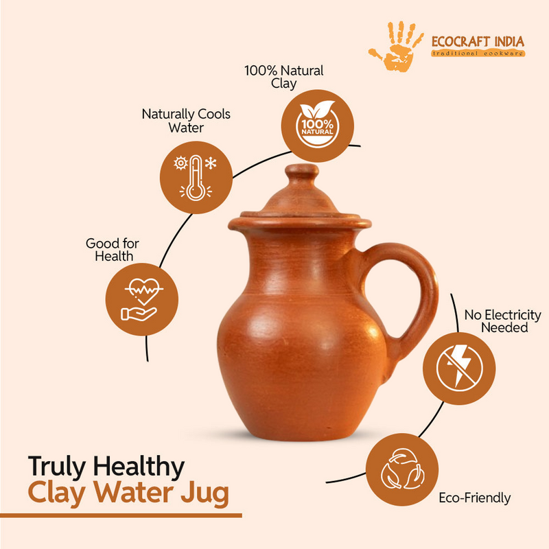 Ecocraft Red Clay Water Jug / Earthen Water Pot with Handle - 2.5 Litre