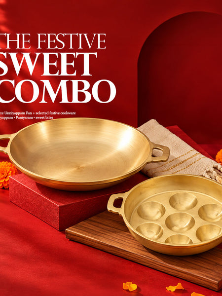 Festive sweet combo with bronze unniyappam pan and palappam chatti by Ecocraft India