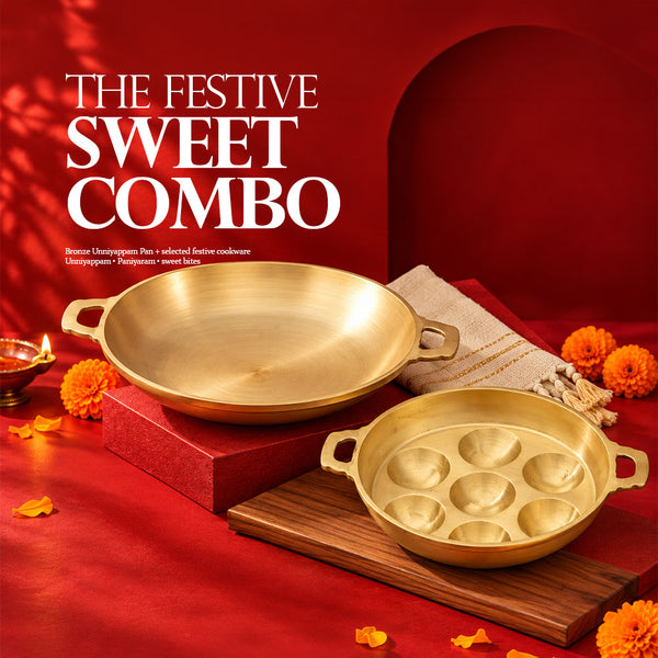 Festive sweet combo with bronze unniyappam pan and palappam chatti by Ecocraft India