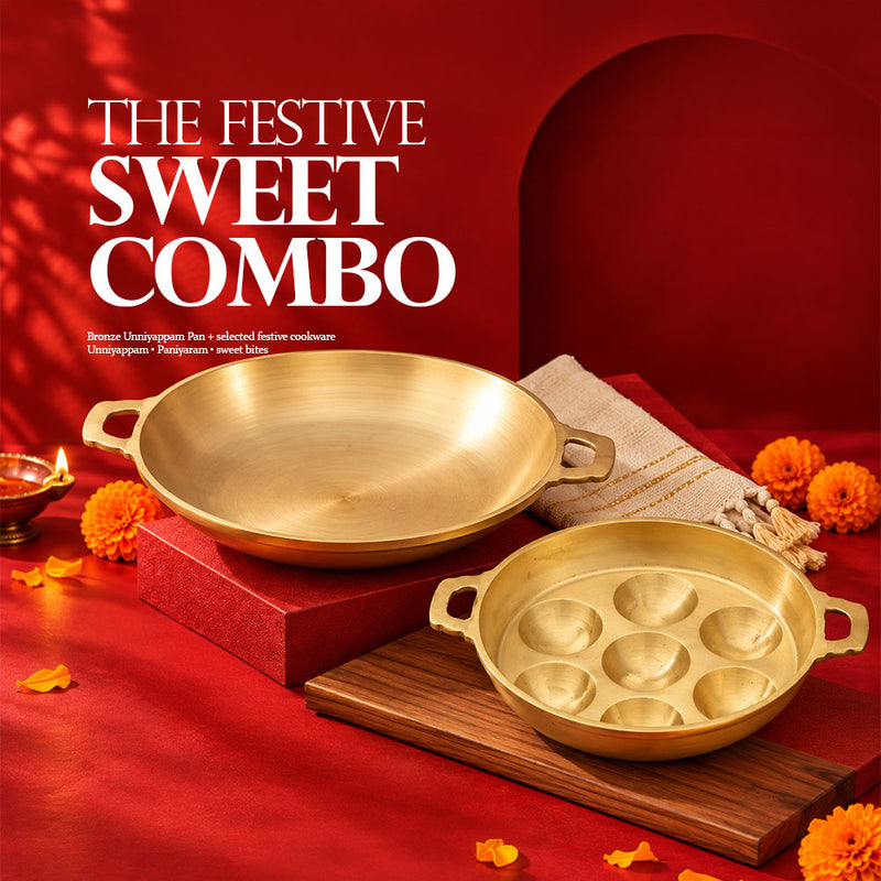 Festive sweet combo with bronze unniyappam pan and palappam chatti by Ecocraft India
