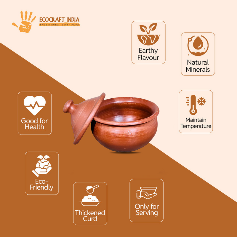 Ecocraft Handmade Unglazed Clay Serving Bowl with Lid – Traditional Earthen Bowl for Curries, Snacks & Yogurt