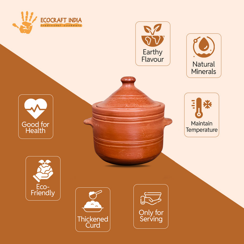 Ecocraft Traditional Unglazed Clay Bowl with Lid – Earthen Serving Bowl for Curry, Snack & Dessert