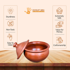 Ecocraft Handmade Unglazed Clay Serving Bowl with Lid – Traditional Earthen Bowl for Curries, Snacks & Yogurt
