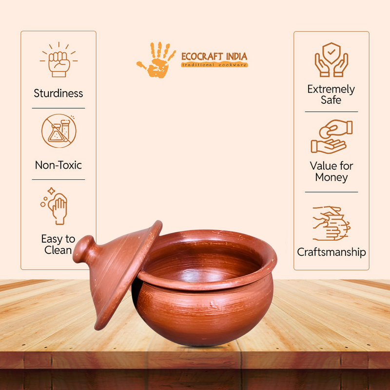 Ecocraft Handmade Unglazed Clay Serving Bowl with Lid – Traditional Earthen Bowl for Curries, Snacks & Yogurt