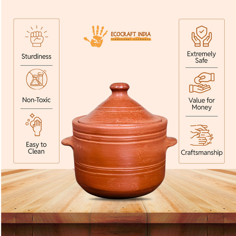 Ecocraft Traditional Unglazed Clay Bowl with Lid – Earthen Serving Bowl for Curry, Snack & Dessert