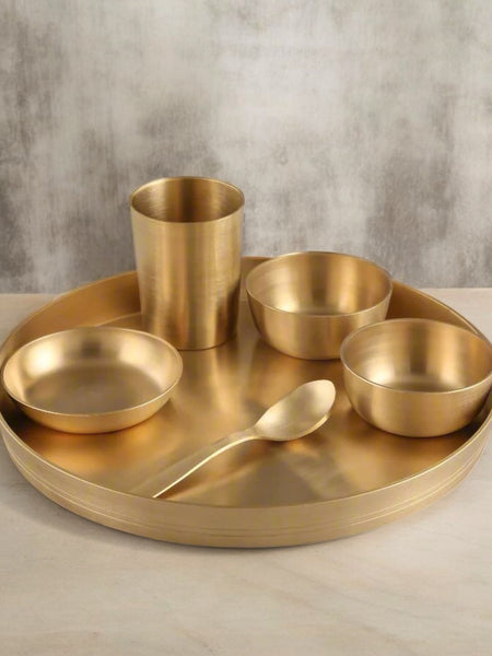 Handcrafted Kansa Dinner Set – 6 Pc Bronze Thali with Matte Finish