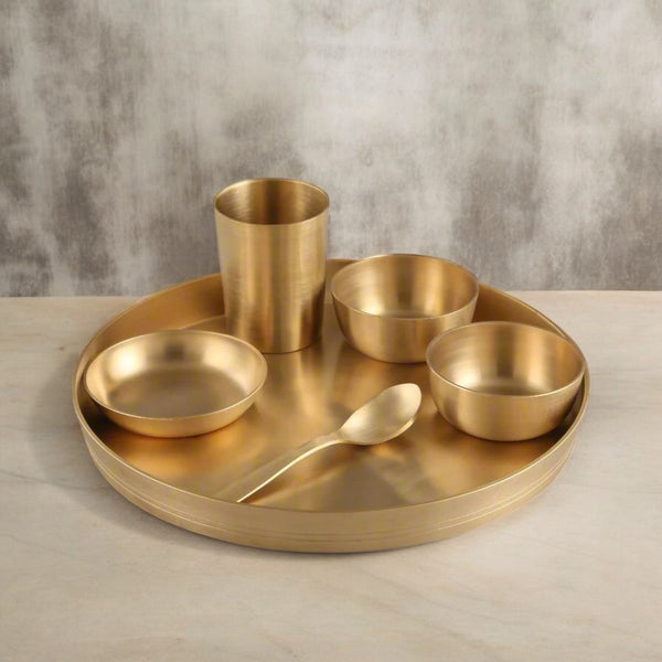 Handcrafted Kansa Dinner Set – 6 Pc Bronze Thali with Matte Finish