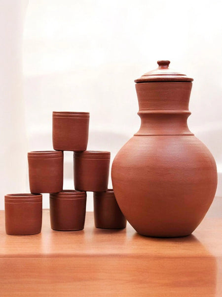 Ecocraft Red Clay Water Jug 5 Litre & 6 Glass Set Combo