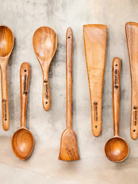 Ecocraft India 100% Natural Neem Wood Cooking & Serving Spoon Set – 7-Piece Spatula/Ladle Combo | Toxin-Free & Anti-Microbial