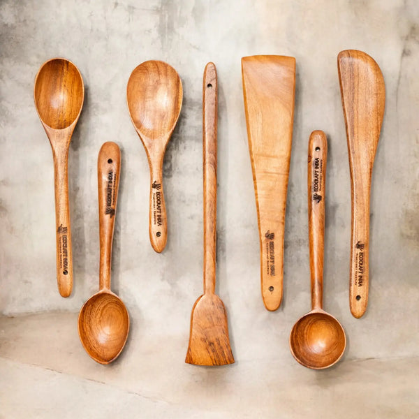Ecocraft India 100% Natural Neem Wood Cooking & Serving Spoon Set – 7-Piece Spatula/Ladle Combo | Toxin-Free & Anti-Microbial