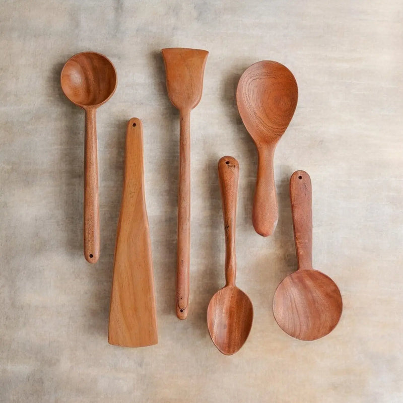 Neem Wood Spatula & Ladle Set – 6-Piece Combo