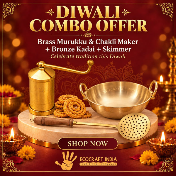 Diwali snack combo with brass murukku and chakli maker, bronze kadai and brass skimmer by Ecocraft India