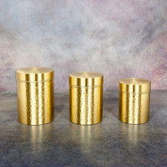 Ecocraft Handcrafted Brass Hammered Kitchen Storage Box Set of 3 – Multipurpose Brass Dabbas for Flour, Spices & Pulses