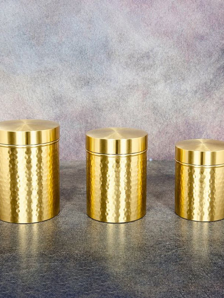 Ecocraft Handcrafted Brass Hammered Kitchen Storage Box Set of 3 – Multipurpose Brass Dabbas for Flour, Spices & Pulses