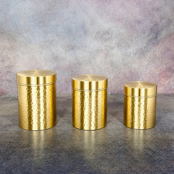 Ecocraft Handcrafted Brass Hammered Kitchen Storage Box Set of 3 – Multipurpose Brass Dabbas for Flour, Spices & Pulses