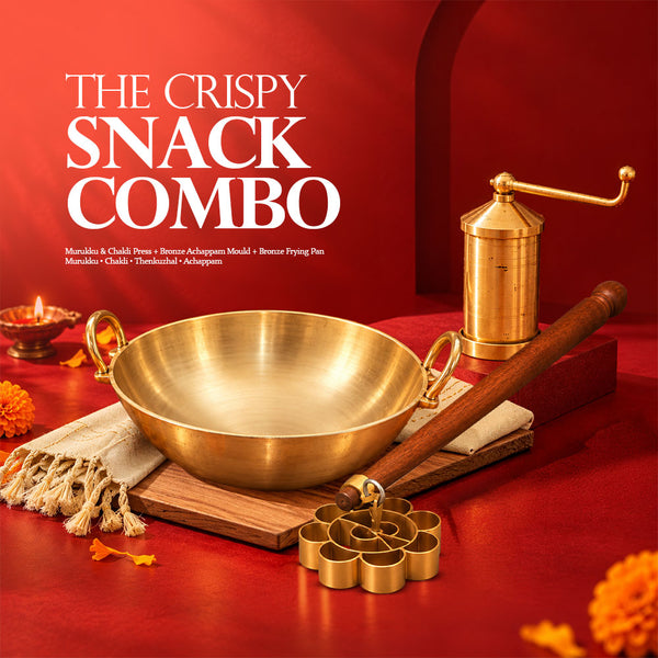 The Crispy Snack Combo – Brass Murukku & Chakli Maker,  Bronze Achappam Mould & Bronze Frying Pan 8 Inch