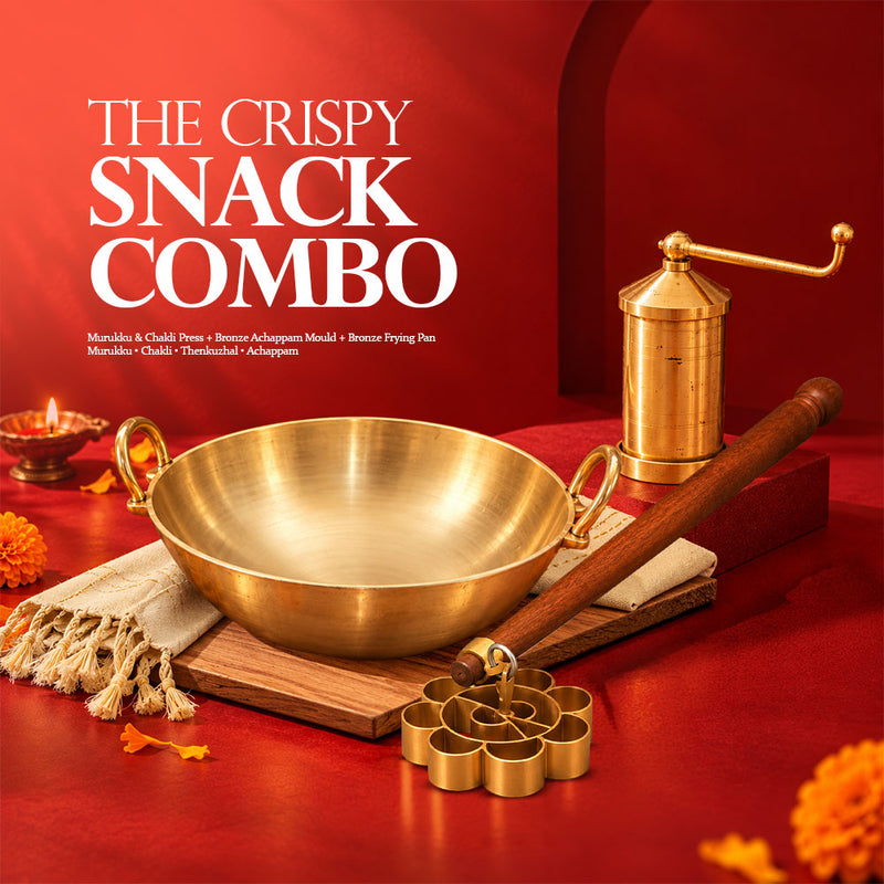 The Crispy Snack Combo – Brass Murukku & Chakli Maker,  Bronze Achappam Mould & Bronze Frying Pan